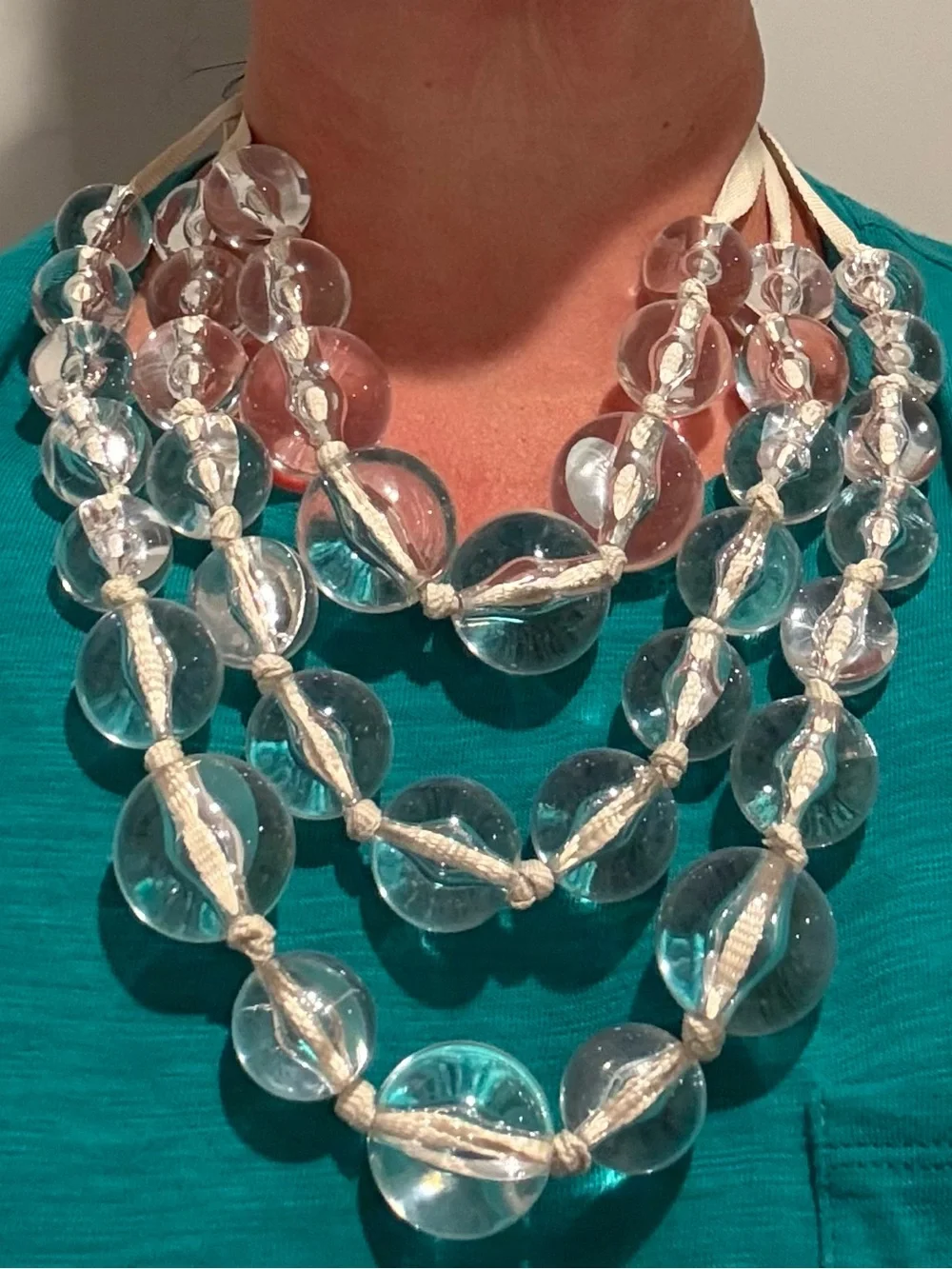Y2K Signed Sequin Runway Clear Lucite Bead Triple Strand Statement Neklace